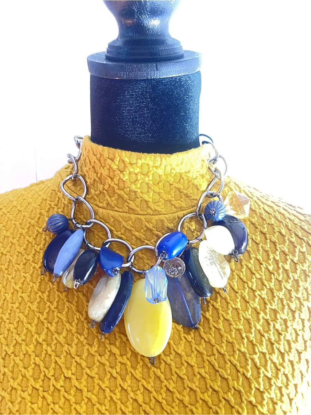 Statement Blue and Yellow Bead Link Necklace.